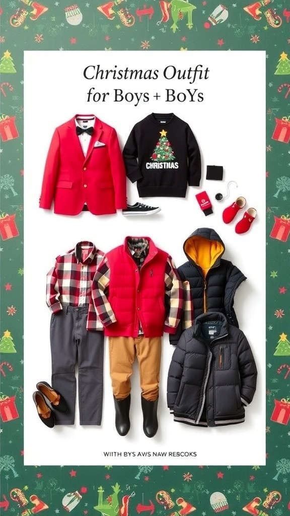 Stylish Christmas Outfits for Boys Stylish Christmas outfits for boys including a red suit, Christmas sweater, plaid shirt, and winter jacket.
